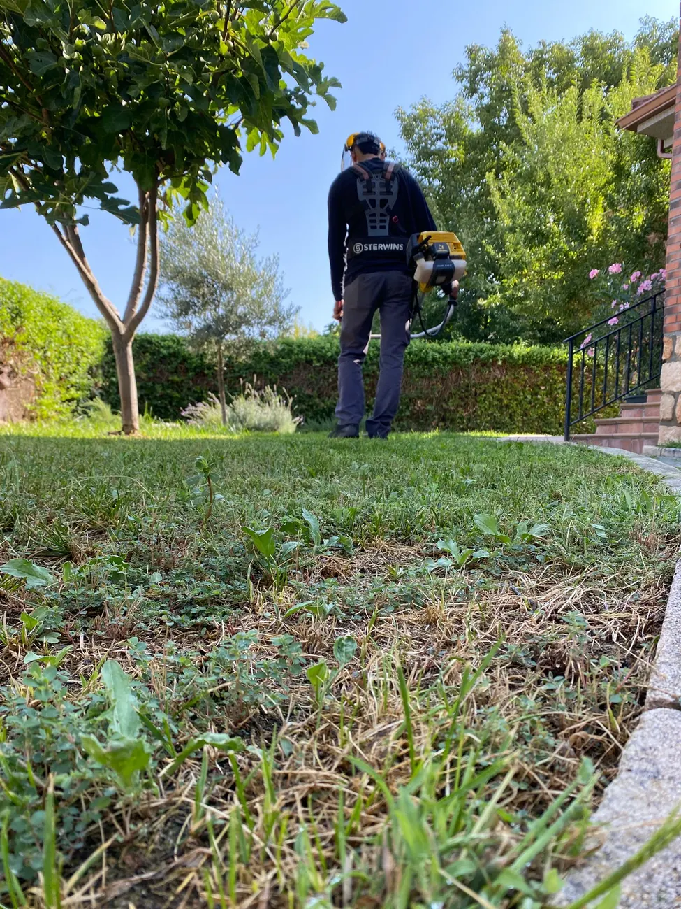 Operarios de Jardines Edén desbrozando y segando la hierba alta de una parcela en Madrid