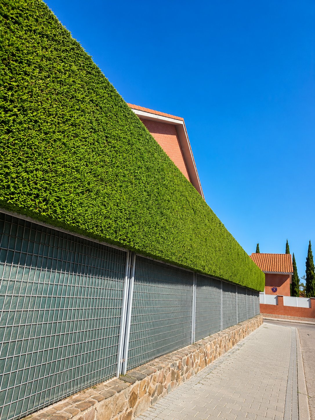 Seto perimetral alto recortado junto a edificio residencial