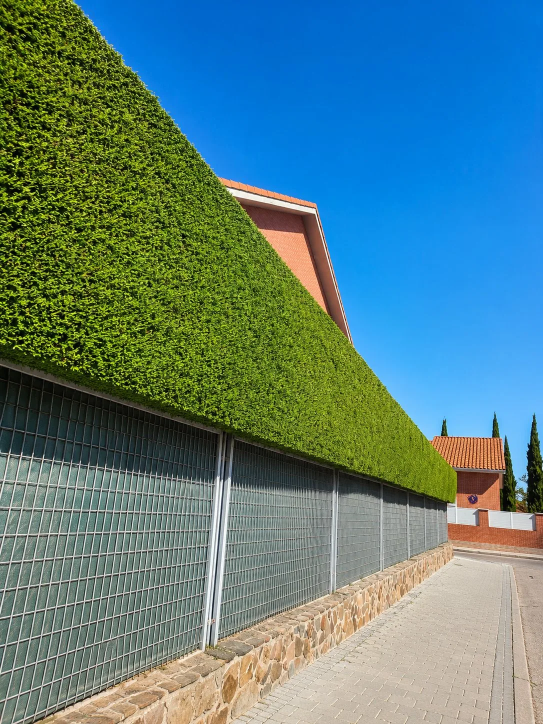Seto perimetral alto recortado junto a edificio residencial