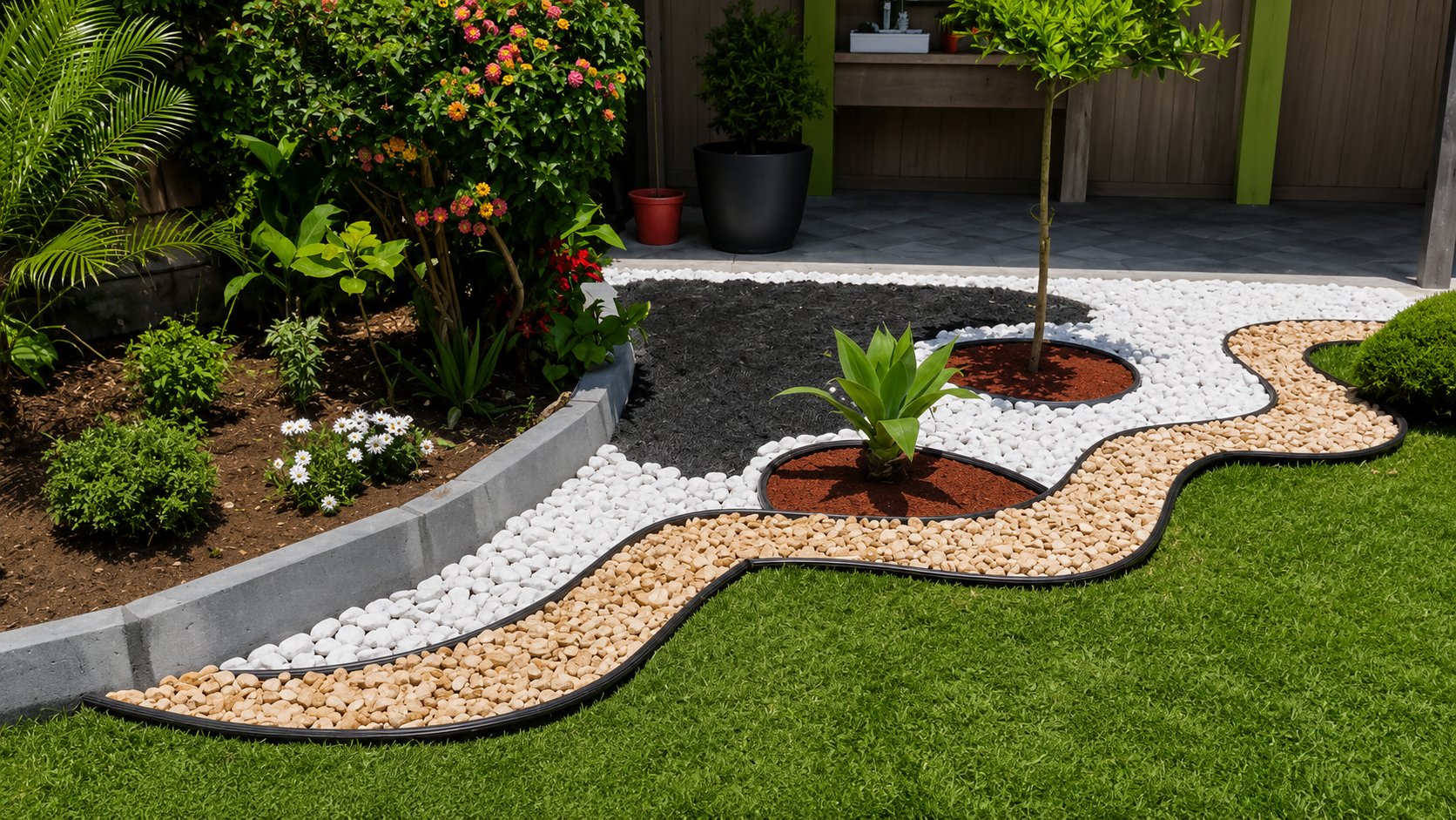 Resultado final de jardín decorativo con grava blanca, canto rodado, césped y plantas